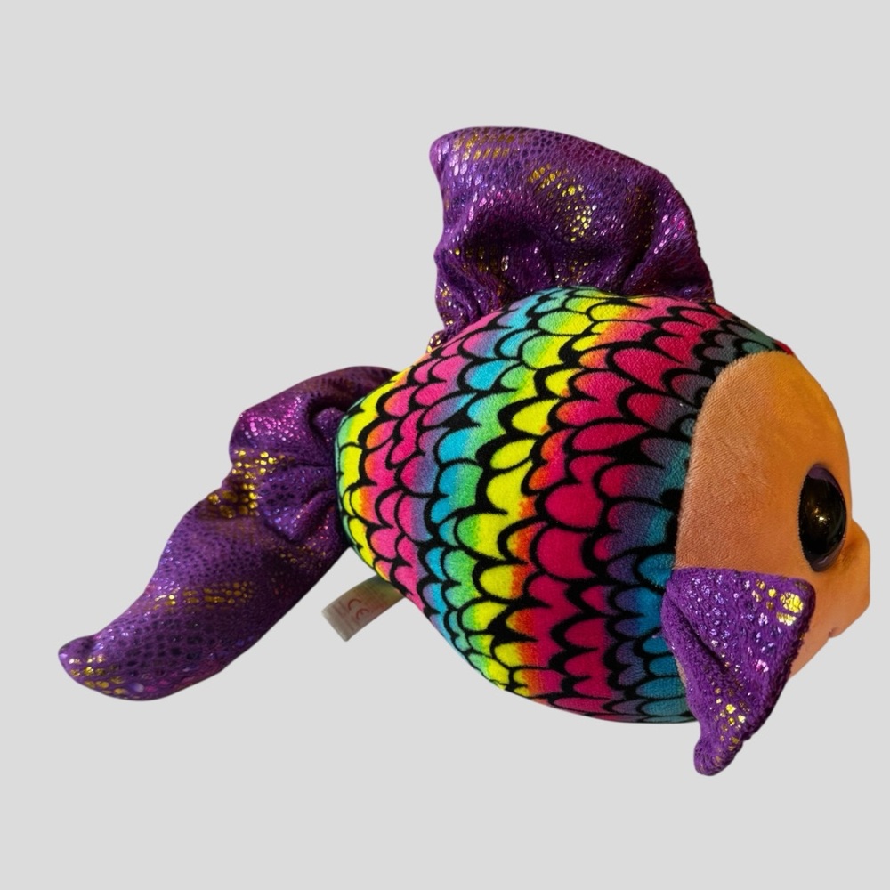 TY Beanie Boos Flippy Rainbow Plush Fish Sparkly Purple Fins Eyes 6” Tall